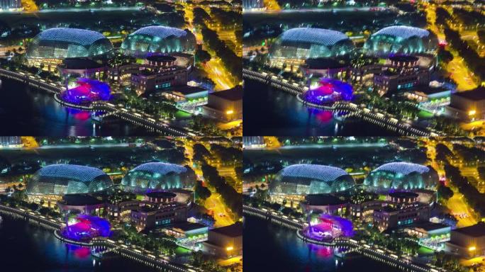 夜间照明新加坡著名滨海剧院海湾屋顶全景4k延时
