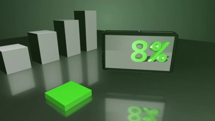 绿色增长3D条形图与屏幕高达18%