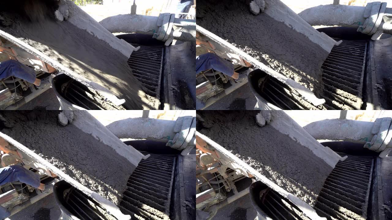 Concrete Truck Chuting Wet Cement Mix into Crane P