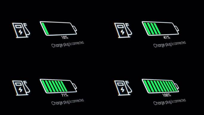 电动汽车电池指示器显示电池电量增加。电池指示器显示它充满100%。电动汽车电瓶表。