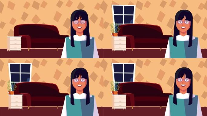 女人在客厅场景呆在家里的运动动画