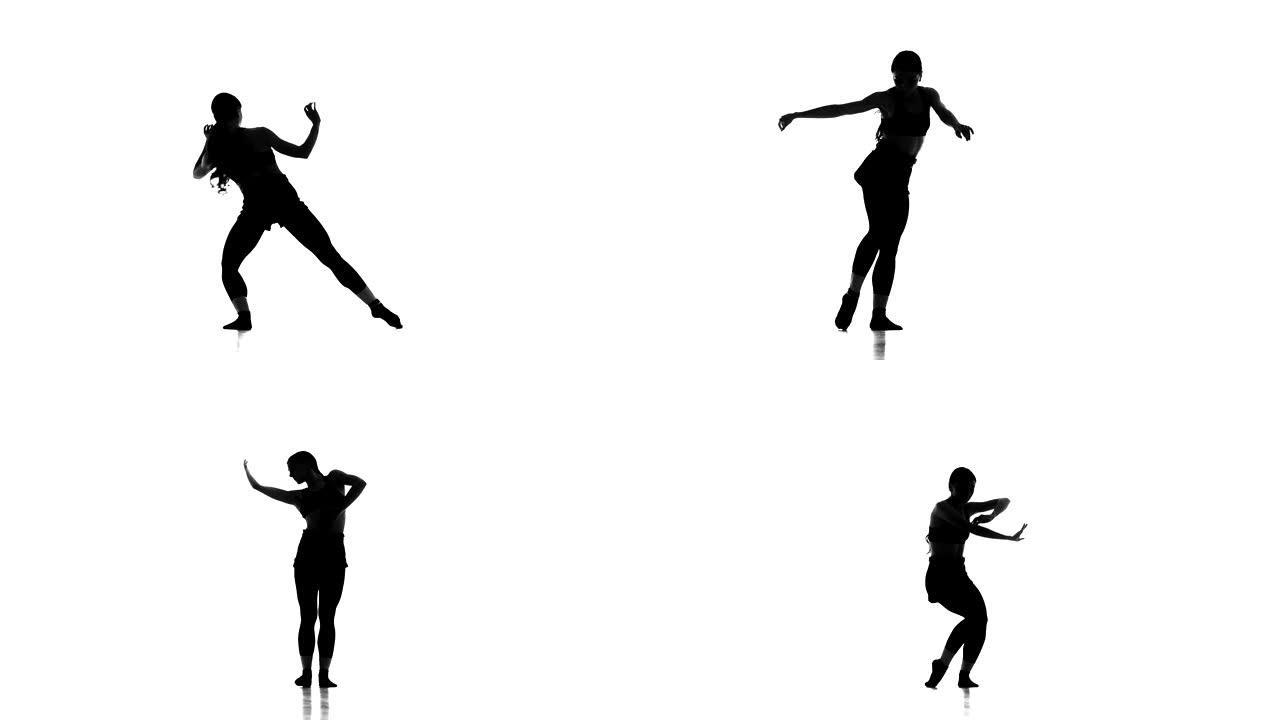 白色背景上的黑色剪影，现代芭蕾舞剧，当代舞蹈，慢动作