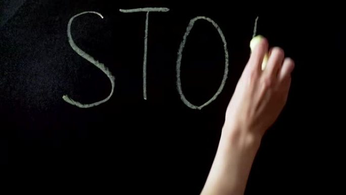 女人的手在黑板上用粉笔写下呼唤停止冠状病毒传播的话语