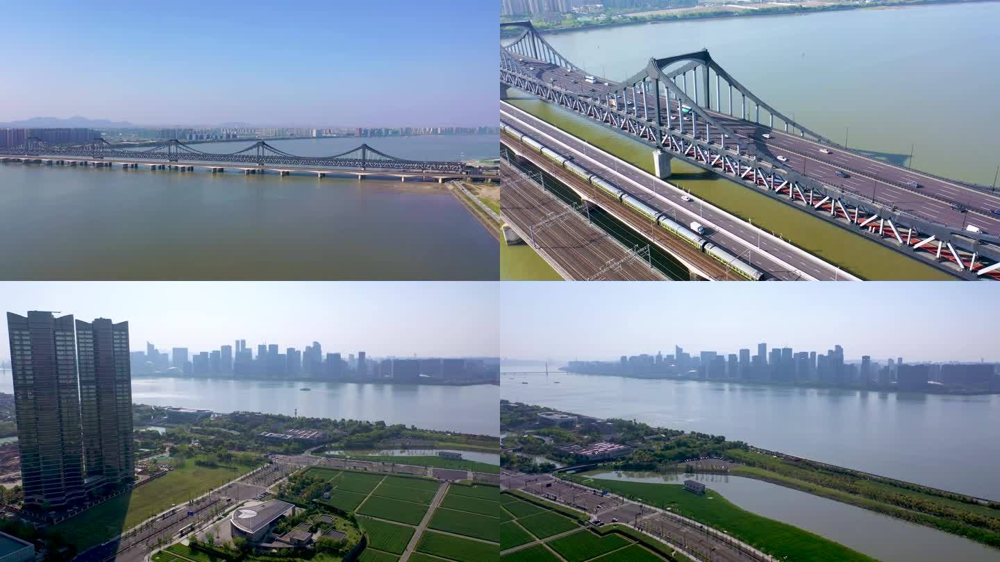 4k4月晴天钱塘江九堡大桥高铁火车游步道