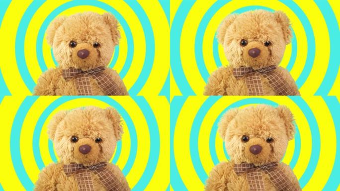 彩色背景上的棕熊。一只很酷的DJ泰迪熊。跳舞的泰迪熊