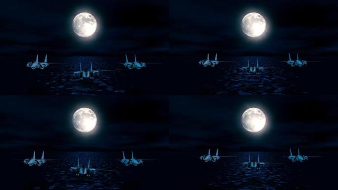格鲁曼F-14雄猫战斗机夜间在海洋上空低空飞行