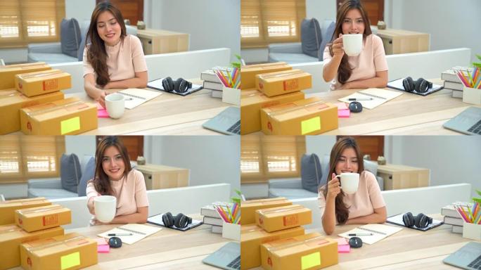 一位迷人的亚洲年轻女子在家中客厅放松时喝咖啡的肖像