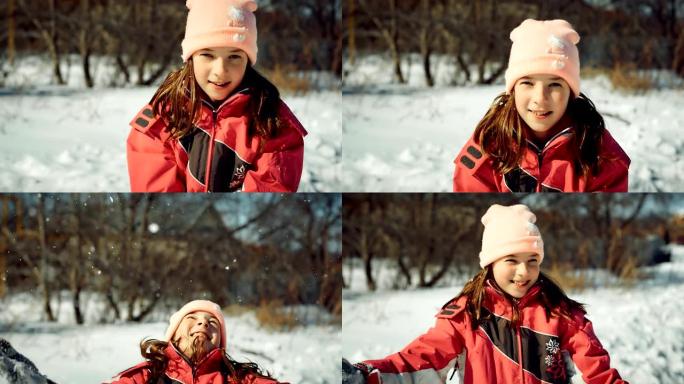 在阳光明媚的冬日里，一个十几岁的女孩的肖像，在新鲜的空气中行走