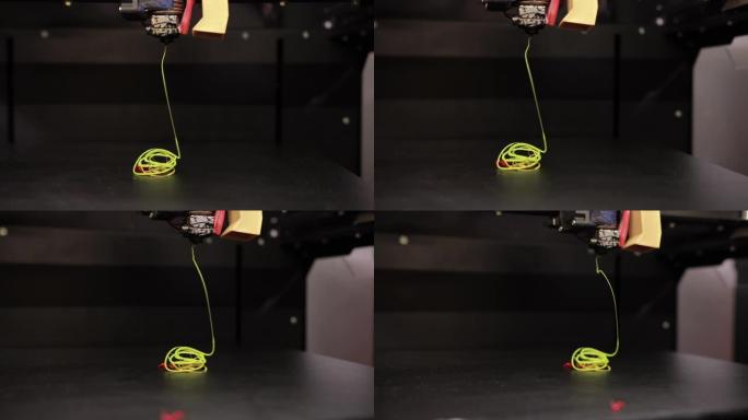 3D技术打印机从塑料电缆线打印零件特写黄色