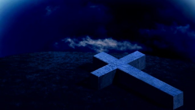 动画的木制基督徒十字架躺在草地上与黑暗的背景