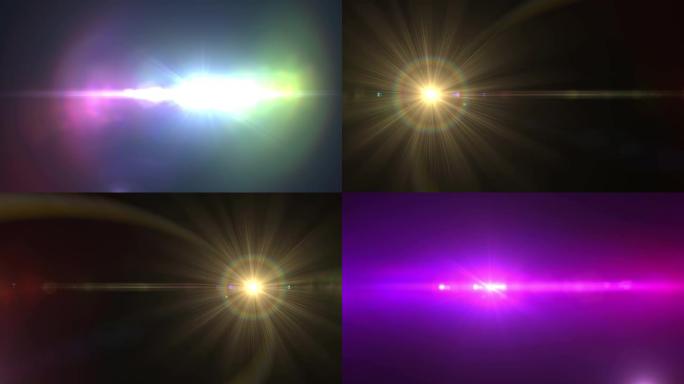 光学透镜光斑效果，4k光线，高质量和逼真。现代多色闪光灯在屏幕上水平移动。一组3种灯光效果。用于标志