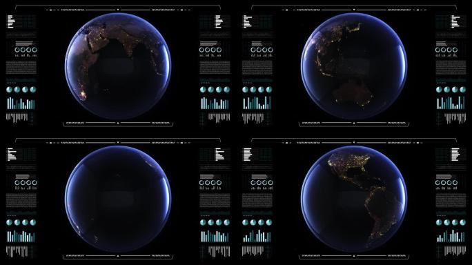 分析显示上的地球。3d地面地球动画，夜景。世界数据技术HUD接口4k。