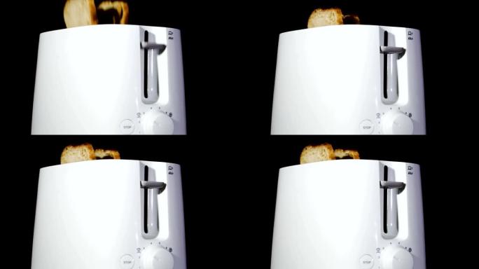 现代白色烤面包机配热面包。慢动作
