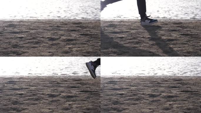 河滩跑步脚部特写镜头