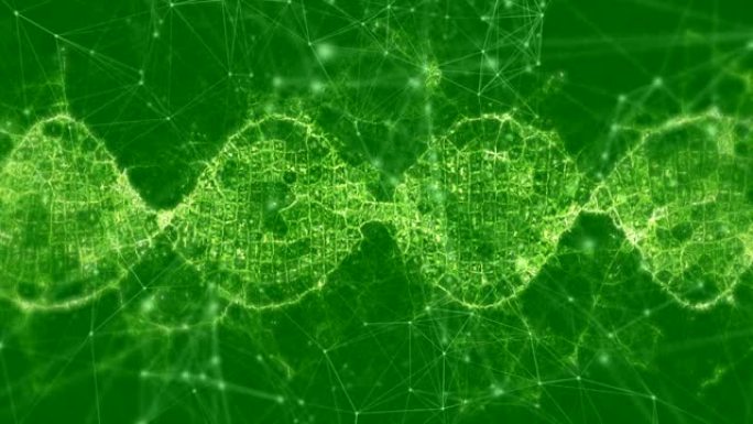 绿色背景上连接网络和由连接组成的DNA菌株的动画