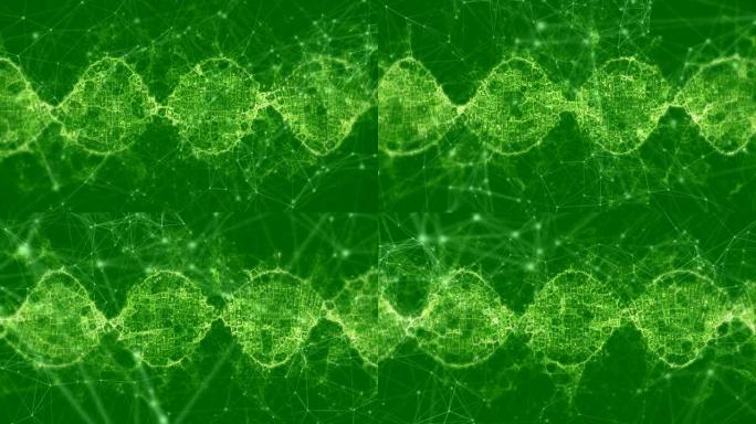 绿色背景上连接网络和由连接组成的DNA菌株的动画