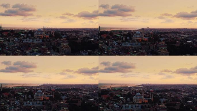 无人机拍摄:土耳其伊斯坦布尔日出时的实时4K鸟瞰图。