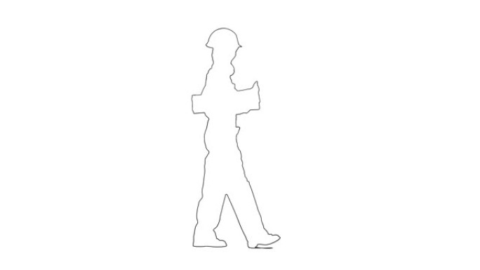 戴着头盔的建筑工人女性的轮廓草图，手里拿着一张施工图走在白色背景上