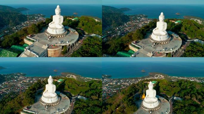 鸟瞰图无人机在泰国普吉岛高山上拍摄大佛像
