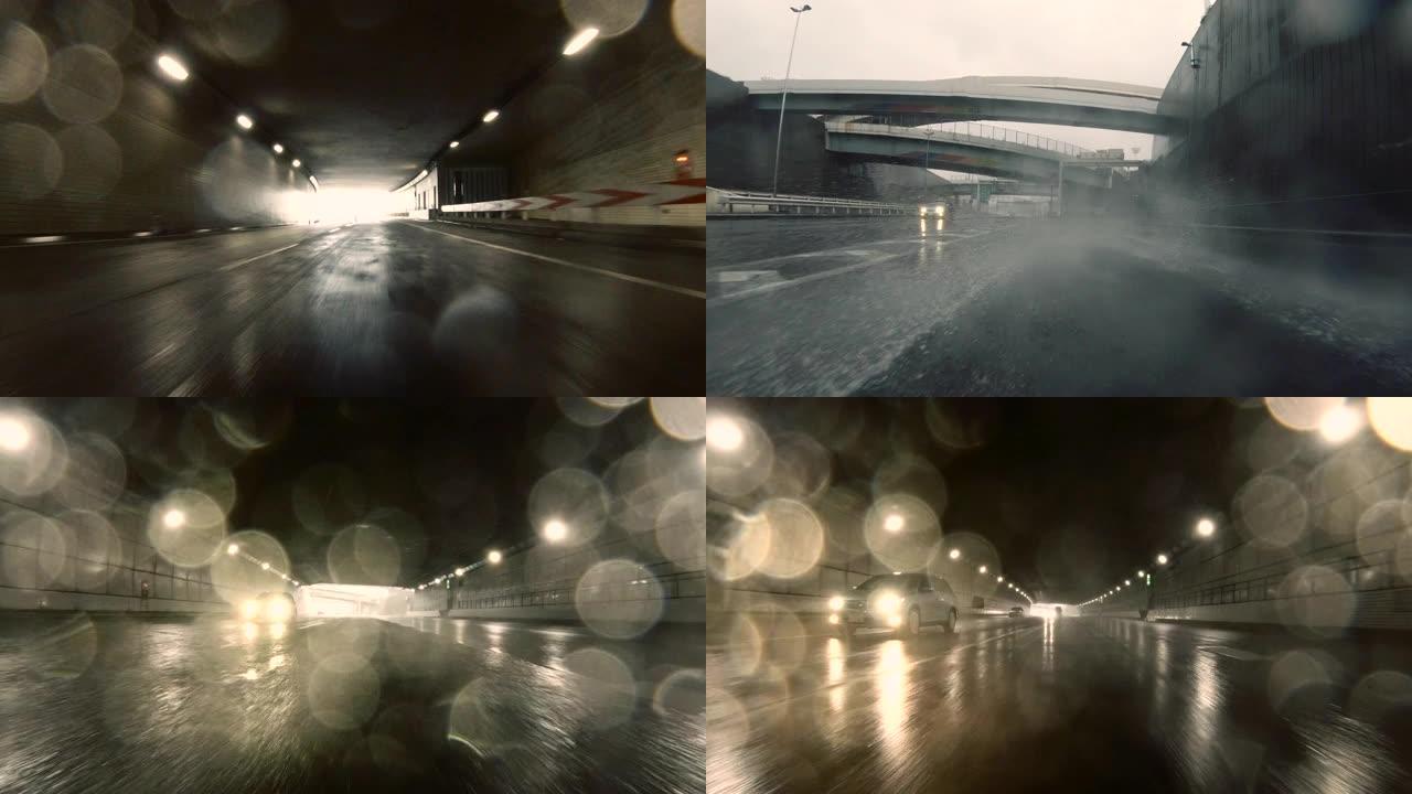 驾车穿越暴风雨的高速公路/后视图