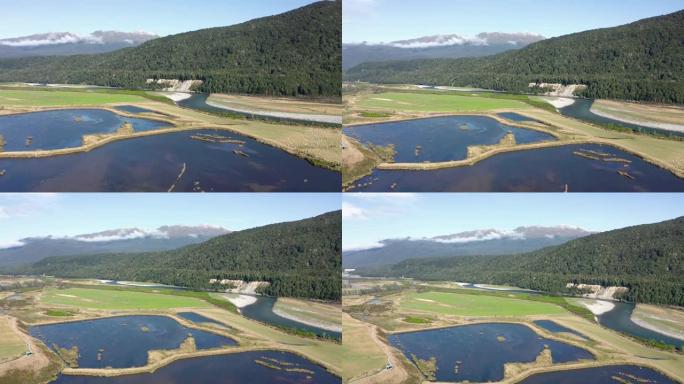 由Waiau渔业和野生动物栖息地增强信托基金管理的南岛恢复项目Rakatu湿地的航拍镜头