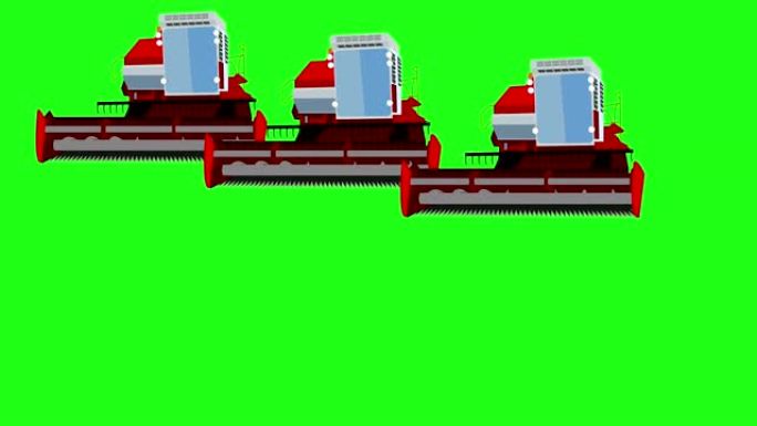 三台联合收割机收割小麦。绿屏背景。4k动画。
