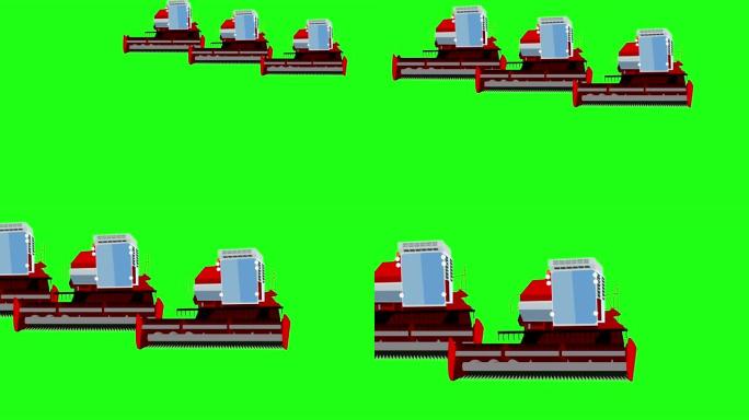 三台联合收割机收割小麦。绿屏背景。4k动画。