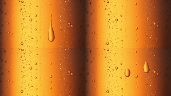 啤酒瓶玻璃上的冷凝水滴落全高清特写视频。水滴在黄色背景上滑落下来。