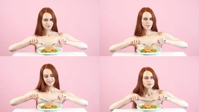 快乐的红发厌食症女孩即将打破饮食。依赖性