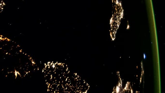 地球，外太空视图，国际空间站ISS的夜景，美国国家航空航天局的公共领域图像。