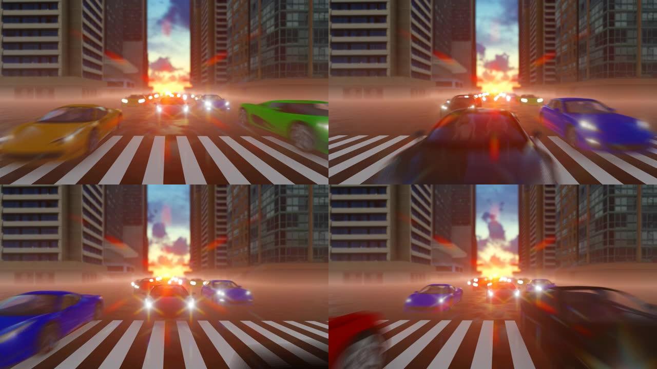 3D彩色快速汽车在街上通过人行横道