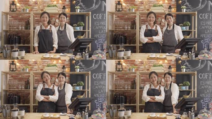 两个最好的朋友合作自己的小型创业公司咖啡店。穿着围裙的年轻女孩咖啡师站在库特纳面对镜头，微笑着快乐可