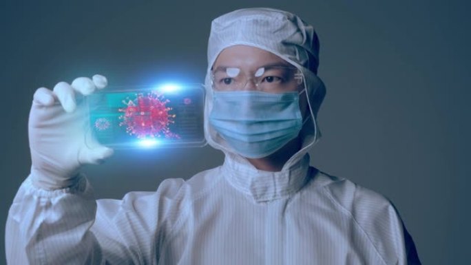 医学科学家COVID疫苗研究人员戴着口罩和套装与智能移动病毒分析，医学实验室物联网技术AI移动医疗数