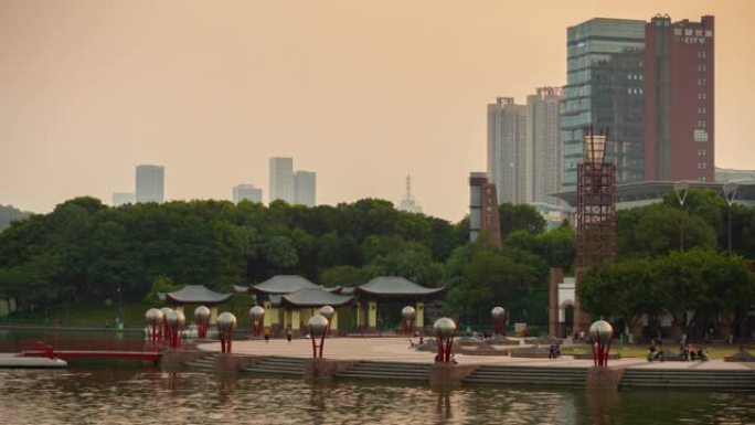 日落时间广东省佛山市市中心著名湖滨公园全景延时4k中国