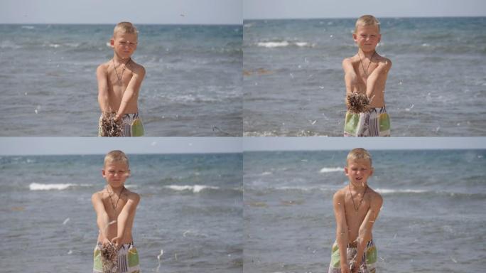 海滩暑假。孩子们的情绪。孩子在风中发育金属丝。