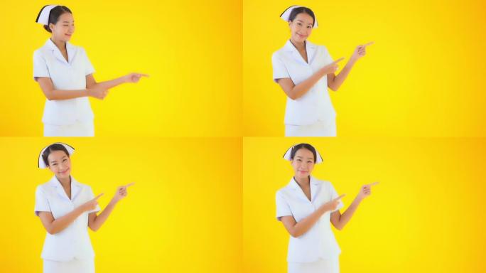 年轻的亚洲女性泰国护士在黄色背景上有许多动作