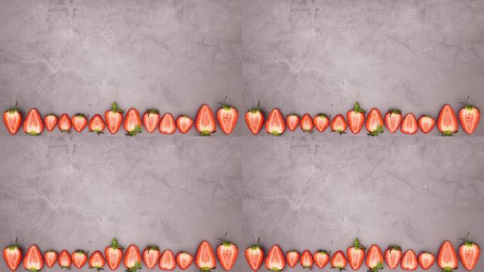新鲜和有机草莓在底部停止运动中快速出现