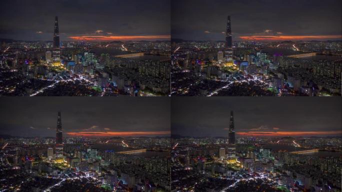 日落之夜照亮首尔城市著名塔空中全景4k延时韩国