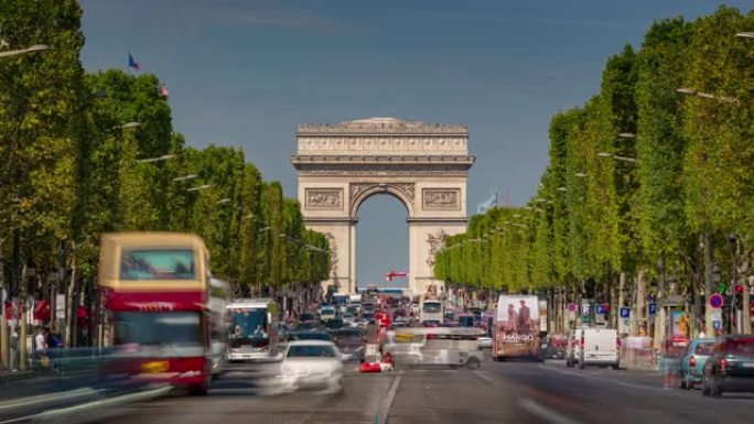 阳光明媚的夜晚巴黎市中心著名的交通街拱门区延时全景4k法国
