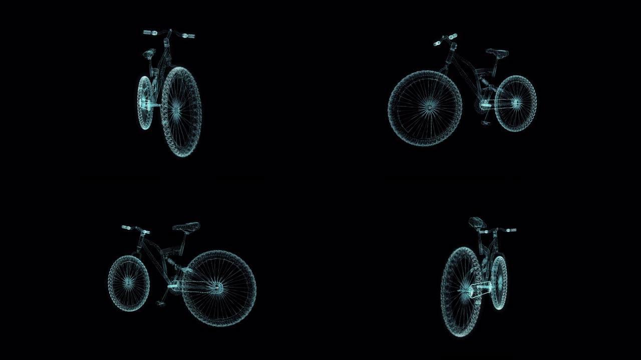 自行车全息图线框。黑色背景上的漂亮3D动画，未来项目的无缝循环