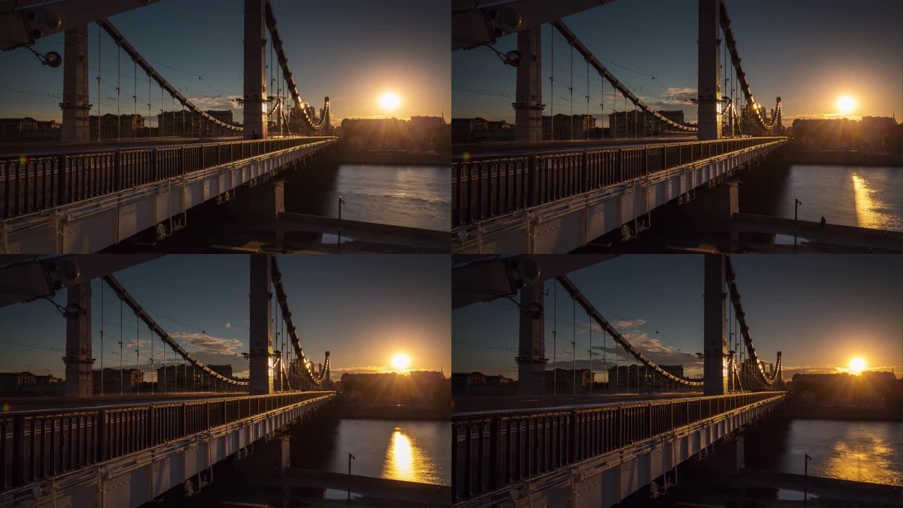 日落阳光莫斯科著名的krymsky桥河畔全景4k延时俄罗斯