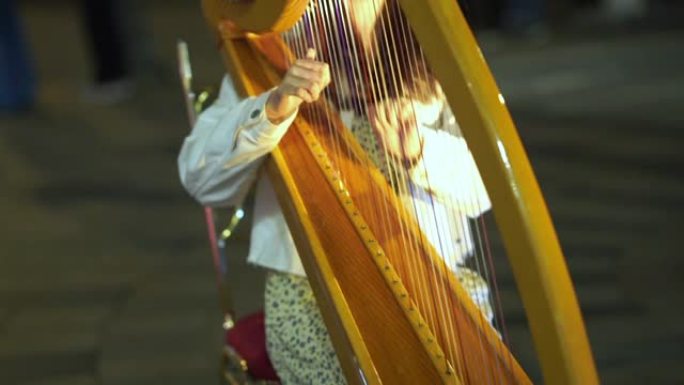 Asain年轻女子在街头尼格特市场演奏巴拉圭竖琴，街头音乐家