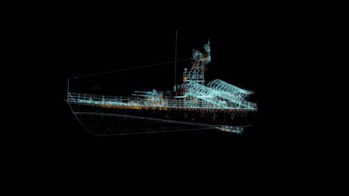 战舰全息图线框。黑色背景上的漂亮3D动画，未来项目的无缝循环