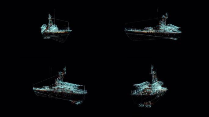 战舰全息图线框。黑色背景上的漂亮3D动画，未来项目的无缝循环