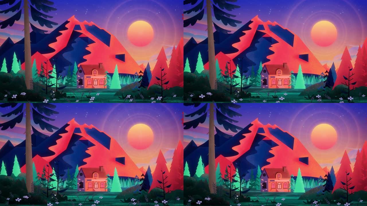 在迷幻的红蓝针叶林中，美丽的砖房带有棕色瓷砖。傍晚天空中大山后面的灿烂阳光照亮了神话般的风景。