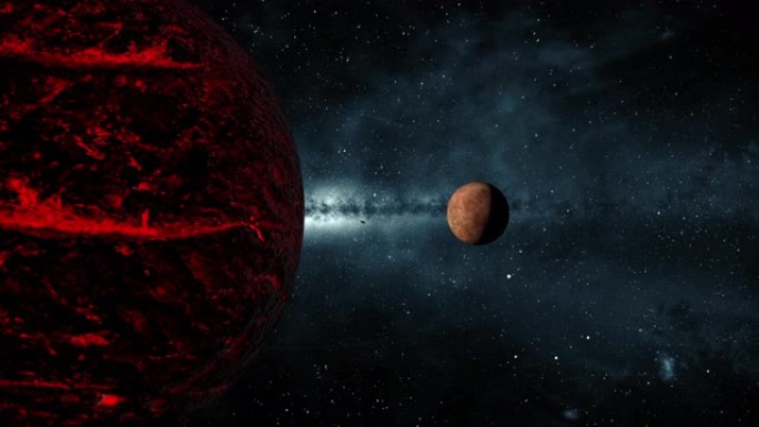 在外层空间绕红色岩浆行星运行的单个月亮
