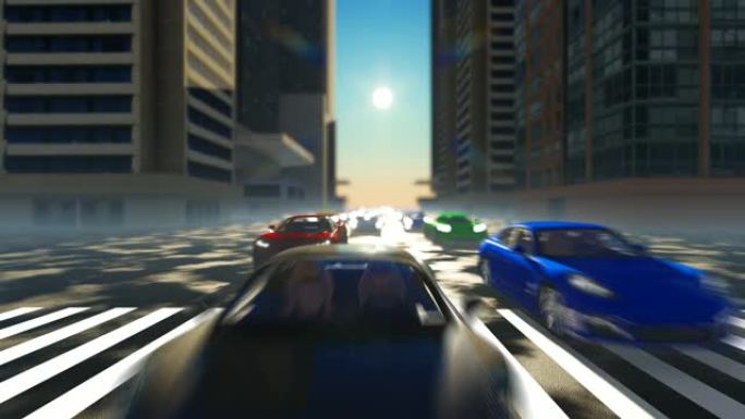 3D彩色快速汽车在建筑物之间的街道上通过人行横道