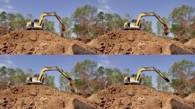 慢动作，挖掘机铲子挖入地面