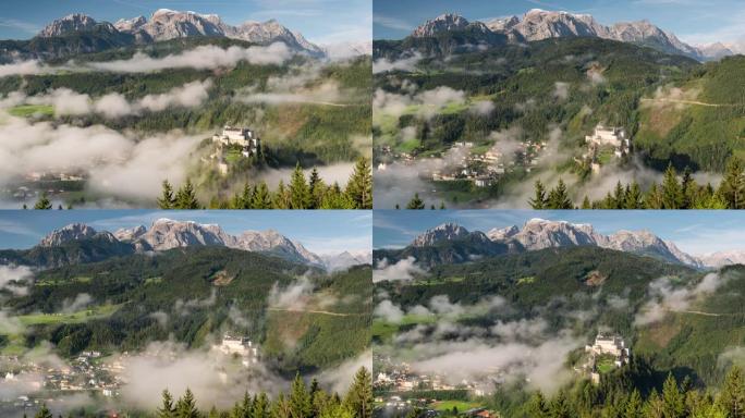 奥地利的霍恩韦尔芬城堡。秋天有雾的早晨。4k时间流逝。