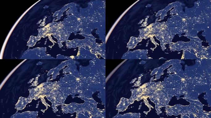 来自太空动画的欧洲城市灯光地图